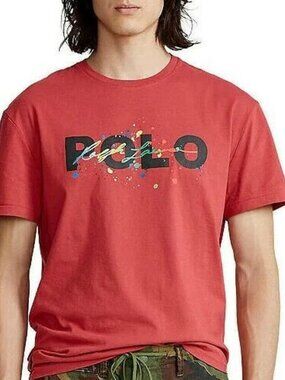 POLO RALPH LAUREN Men's 2LT or 2XLT Red T-Shirt Spell Out Paint Splatter Graphic